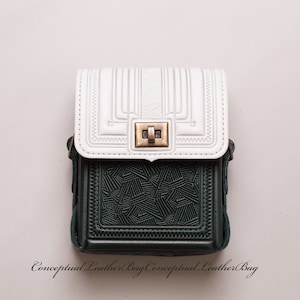 Small crossbody purse in white / dark green Leather small messenger bag Embossed purse Small purse of hot tooling Idea for gift