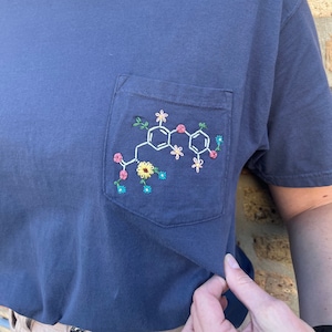 Short sleeve custom embroidered chemical structure pocket tee, personalized gift for science lover, embroidered tee