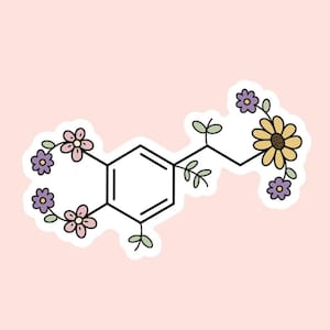 May include: A black and white line drawing of a chemical structure with flowers and leaves. The flowers are pink, purple, and yellow.