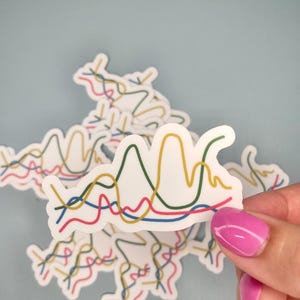 Pu&ograve; includere: Un adesivo fustellato con sfondo bianco caratterizzato da un design grafico di linee ondulate sovrapposte in giallo senape, verde bosco, blu brillante e rosa acceso. Le linee creano una serie di picchi e valli, simili a un grafico dati.
