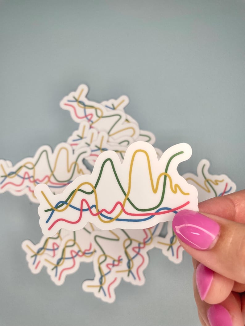 Pu&ograve; includere: Un adesivo fustellato con sfondo bianco caratterizzato da un design grafico di linee ondulate sovrapposte in giallo senape, verde bosco, blu brillante e rosa acceso. Le linee creano una serie di picchi e valli, simili a un grafico dati.