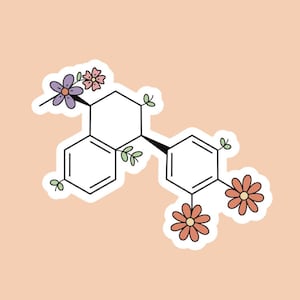 May include: A black and white illustration of a chemical compound with flowers in pink, purple, and red.