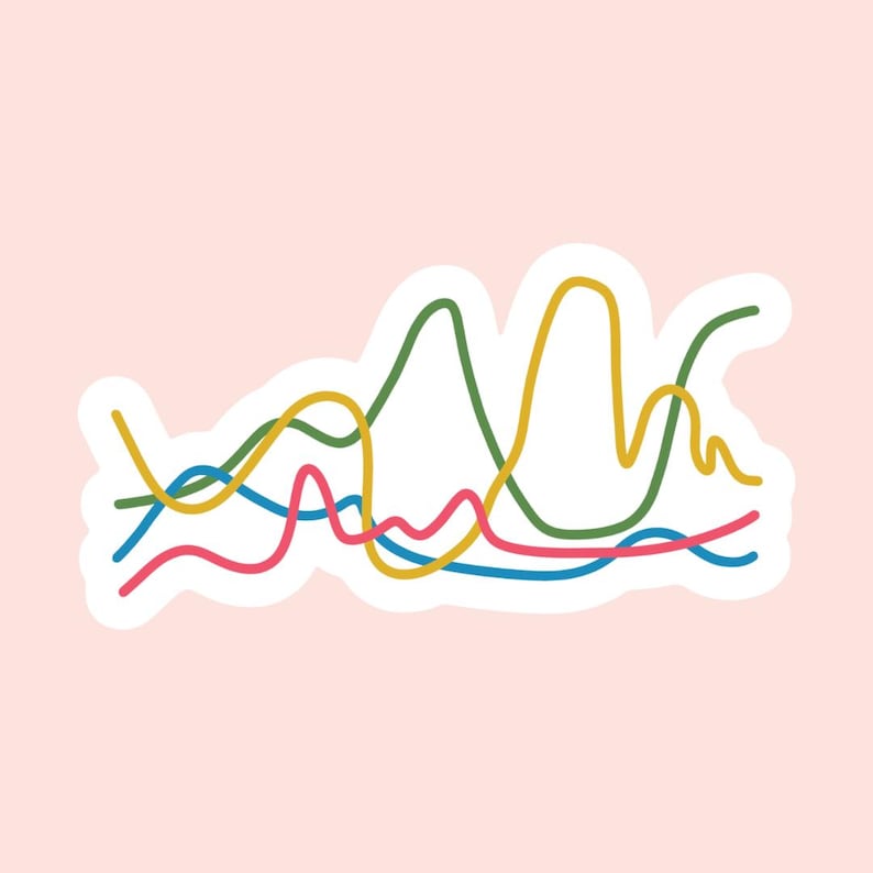 Pu&ograve; includere: Un adesivo con un design a grafico lineare multicolore con quattro distinte linee ondulate in giallo senape, verde bosco, rosa acceso e azzurro cielo. Le linee si intersecano e fluttuano sul piano orizzontale su uno sfondo rosa chiaro.