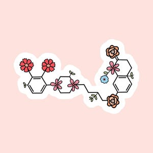 May include: A sticker featuring a black line drawing of a chemical molecular structure. The structure is decorated with various colorful flowers including red, pink, light blue, and orange blossoms attached to the hexagonal and linear segments.