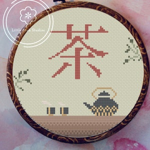 Ochya Tee Kreuzstich Stickmuster, Japanisch, Kanji, Teekanne, digitaler download