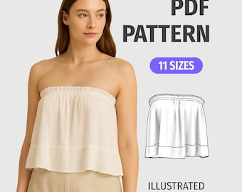 Wykrój na top bez ramiączek – 11 rozmiarów – łatwy cyfrowy plik PDF – luźny, lniany top typu crop top