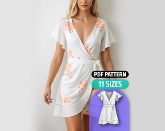Patrón de costura para vestido cruzado / Patrones de costura fáciles para mujer / Vestido de verano básico / Patrón de costura en PDF / 11 tallas