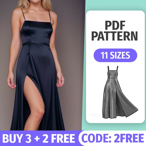 Patron de robe longue fendue • Tutoriel de couture de robe de bal de promo • Robe de soirée sans pâtissier • Patrons de couture PDF pour femme • 11 tailles