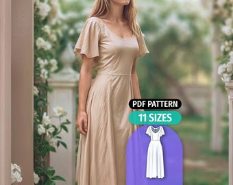 Cottagecore Bridal Maxi Dress Pattern: Flutter Sleeve Gown (PDF Sewing Pattern)