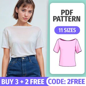 Boat Neck Stretch Top Sewing Pattern | Short Sleeve Relaxed Knit Shirt | Easy PDF Pattern | Instant Download | 11 Sizes