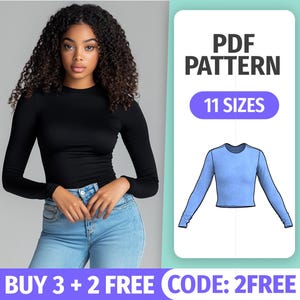 Long Sleeve Fitted Top Sewing Pattern | 11 Sizes | Crew Neck Women’s Shirt | Easy digital patterns PDF