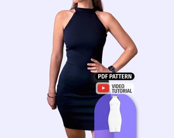 Halter Dress Pattern - Bodycon Stretch Mini Dress Sewing PDF - Easy Digital Download - 11 Sizes