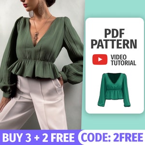 Blouse Sewing Pattern Easy| Womens Blouse Pattern | Ruffle Blouse Pattern |Crop Top Sewing Pattern | Puff Sleeve blouse pattern | Peplum Top