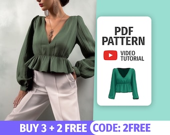 Blouse Sewing Pattern Easy| Womens Blouse Pattern | Ruffle Blouse Pattern |Crop Top Sewing Pattern | Puff Sleeve blouse pattern | Peplum Top