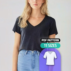 VネックTシャツの縫製パターン：レディース半袖トップス（PDFデジタルダウンロード）
