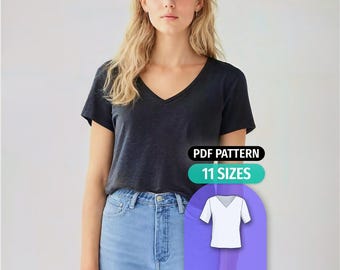 T-Shirt mit V-Ausschnitt Schnittmuster: Frauen-Kurzarm-Top (PDF Digital Download)