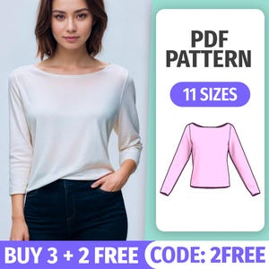 Boat Neck Stretch Top Sewing Pattern | Long Sleeve Women’s Knit Shirt | Instant Download PDF| Easy Beginner Pattern | 11 Sizes