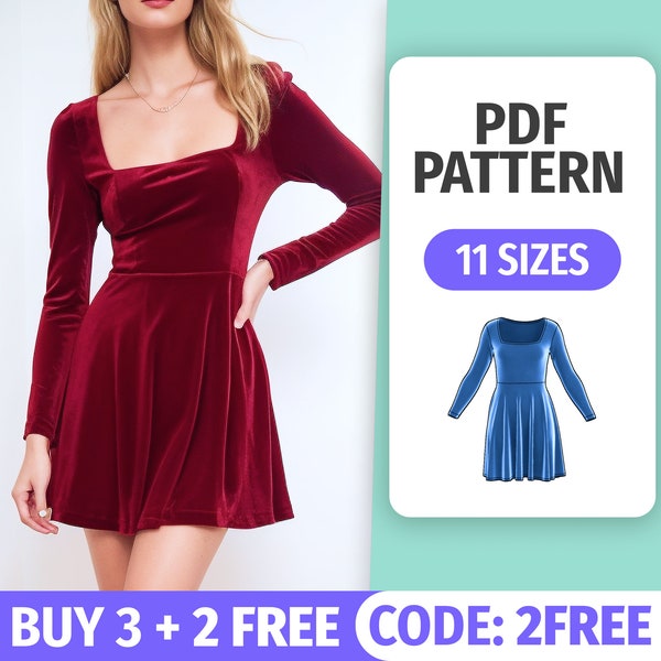 Winter Dress Sewing Pattern • Square Neck Long Sleeves Dress for Christmas • Knit Sewing Pattern PDF  • 11 Sizes