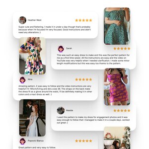 May include: Five customer reviews for a dress pattern. Each review includes a photo of the finished dress, a star rating, and a short testimonial. The text in the reviews includes phrases like "easy to follow", "perfect pattern", and "worked out great".