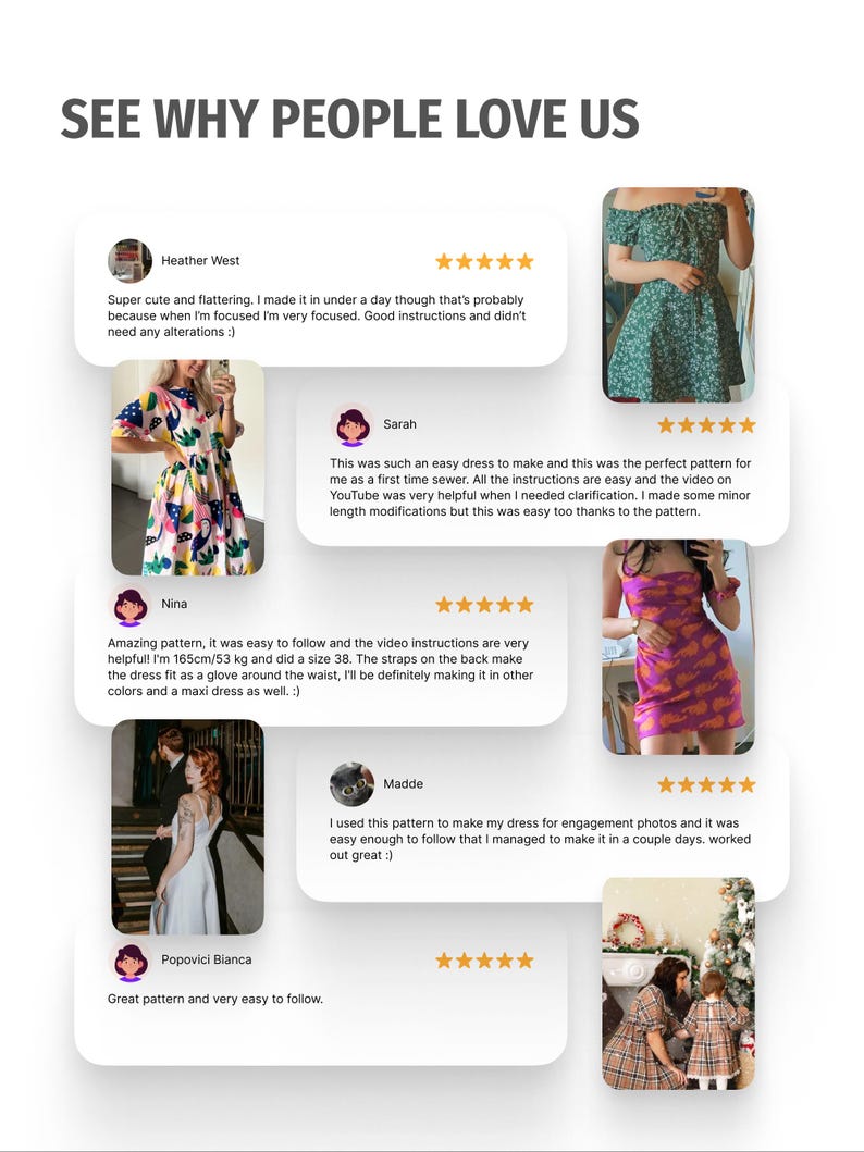 May include: Five customer reviews for a dress pattern. Each review includes a photo of the finished dress, a star rating, and a short testimonial. The text in the reviews includes phrases like "easy to follow", "perfect pattern", and "worked out great".