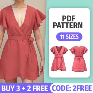 PADRÃO DE VESTIDO WRAP | 11 tamanhos | Vestido de verão simples para mulheres