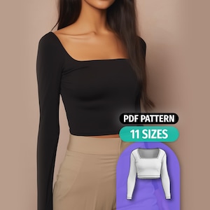 Modello di cucito per top corto con scollo quadrato: manica lunga (PDF)