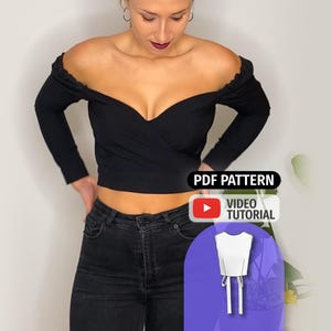 Modello di cucito per CROP TOP in PDF - Download immediato - 11 taglie - Top a maniche lunghe con spalle scoperte