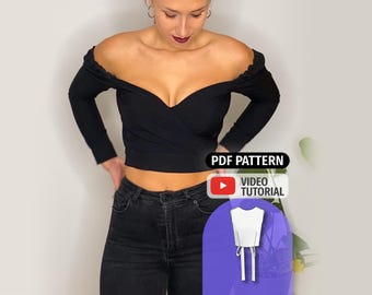 CROP TOP Sewing Pattern PDF - Instant Download - 11 Sizes - Off Shoulder Long Sleeve Top