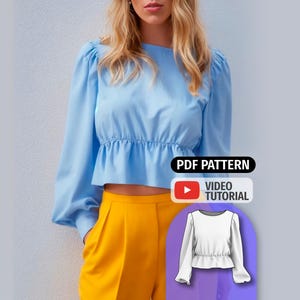 Puffed Sleeve Blouse Sewing Pattern: Ruffle Waist, Bishop Sleeves (PDF Pattern)