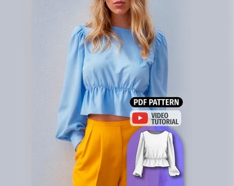 Puffed Sleeve Blouse Sewing Pattern: Ruffle Waist, Bishop Sleeves (PDF Pattern)