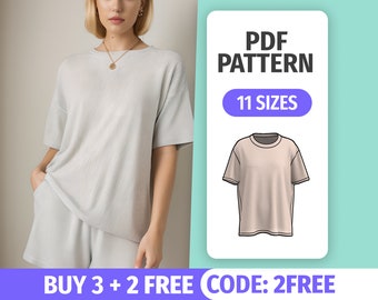 Patrón de Camisa Oversize Fácil / Tutorial de Costura de Camiseta Ancha de Mujer para Verano / Patrones Digitales PDF / 11 Tallas