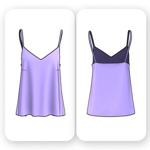 May include: A lilac-colored sleeveless top with a V-neckline. The front and back views of the top are shown.