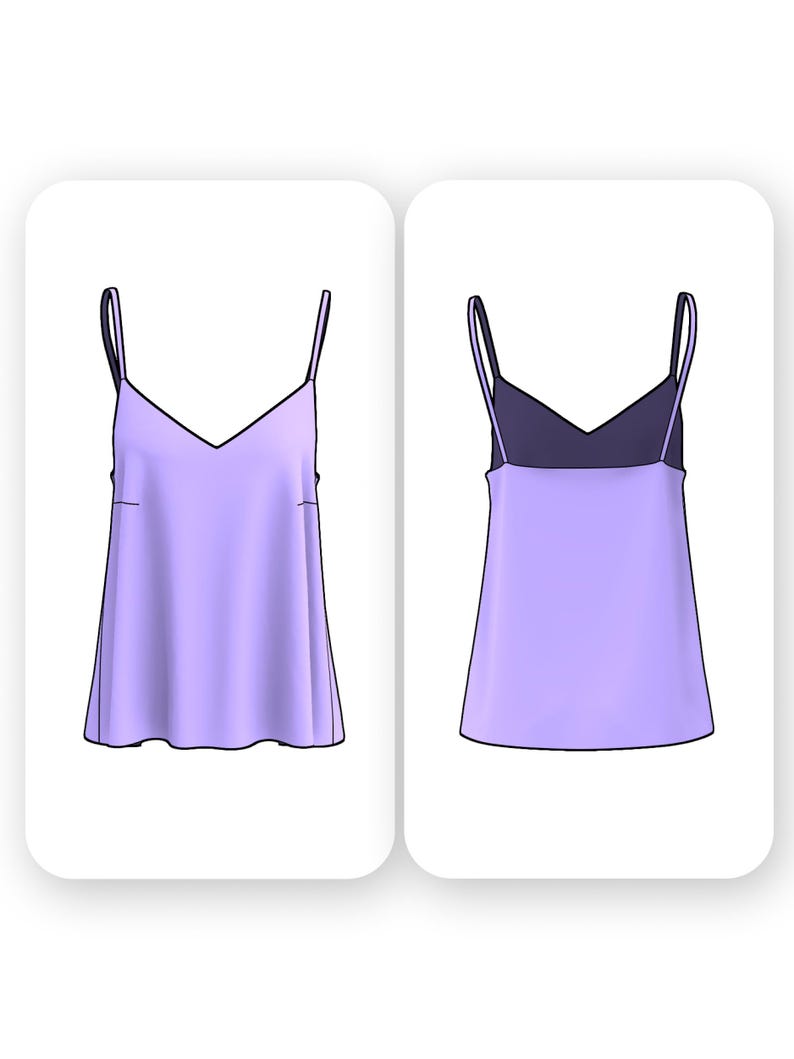 May include: A lilac-colored sleeveless top with a V-neckline. The front and back views of the top are shown.