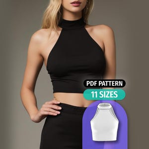 Patrón de costura para top con cuello halter / Patrones de top corto sin mangas para mujer / Patrón de costura en PDF / 11 tallas