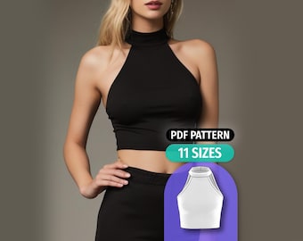 Molde para Blusa com Decote Halter | Molde para Blusa Cropped Sem Mangas Feminina | Molde em PDF | 11 Tamanhos