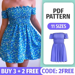 Patrón de costura para vestido fruncido sin tirantes: falda con volantes (PDF)
