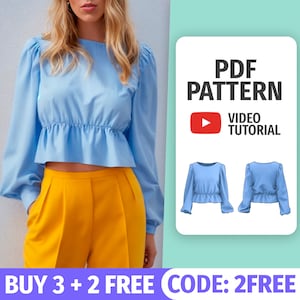 Puffed Sleeve Blouse Sewing Pattern: Ruffle Waist, Bishop Sleeves (PDF Pattern)