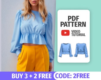 Puffed Sleeves Blouse Pattern| Blouse Sewing Pattern Easy| Bishop Sleeve Pattern| Ruffle Blouse Pattern|Crop Top Sewing Pattern| Peplum Top