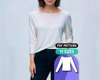 長袖Tシャツ PDF 縫製パターン | ボートネックトップス DIY | サイズ