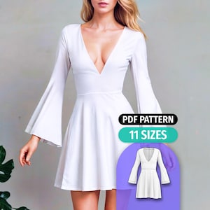 Schnittmuster für Kleid mit V-Ausschnitt und Glockenärmeln (PDF-Muster)