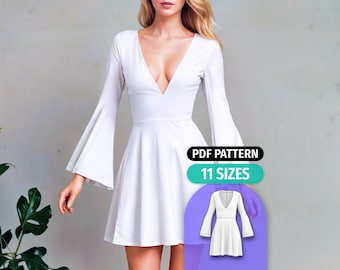 Elegant V-Neck Bell Sleeve Dress Sewing Pattern (PDF Pattern)