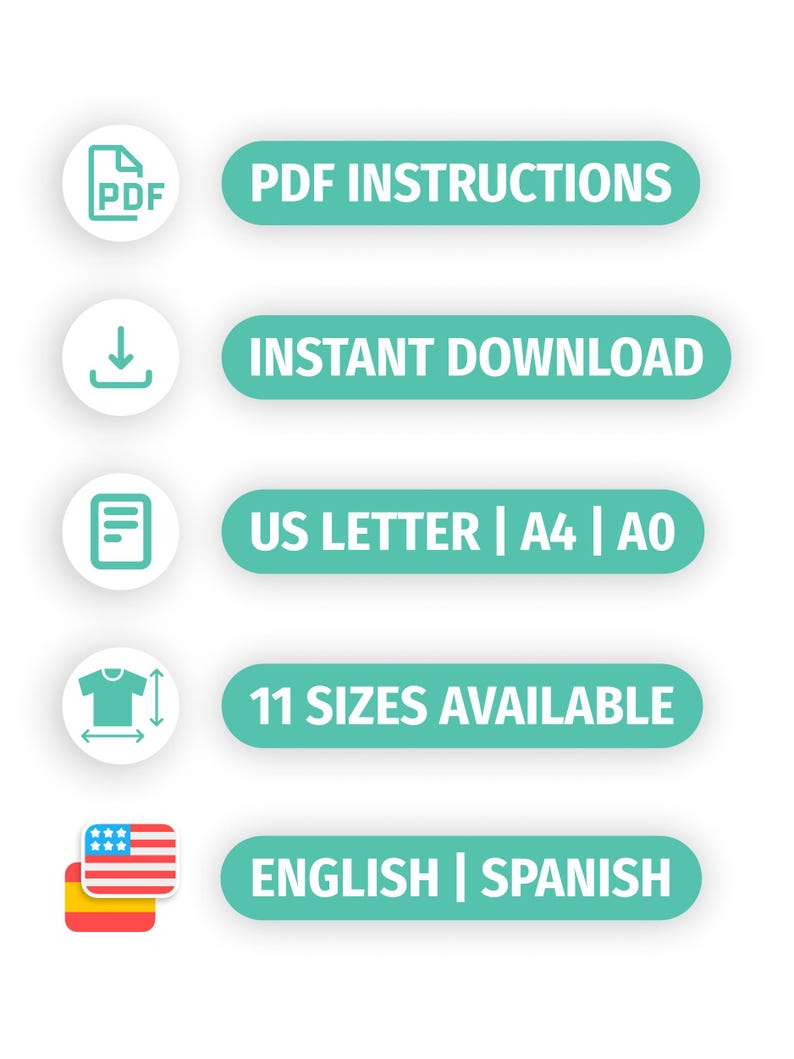 May include: A turquoise button with the text "PDF INSTRUCTIONS" in white. Below it are four more turquoise buttons with white text: "INSTANT DOWNLOAD", "US LETTER | A4 | A0", "11 SIZES AVAILABLE", and "ENGLISH | SPANISH".