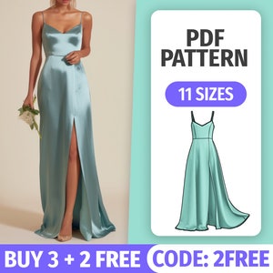 Maxi Slit Kleid Schnittmuster Anleitung für formelle Brautjungfer Kleid Nähanleitung Abendkleid Bakless Kleid Kleid PDF Nähmuster für Frauen 11 Größen Bild 1