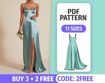 Maxi Slit Dress Pattern • Formal Bridesmaid Dress Sewing Tutorial •  Evening Bakless Gown Dress •  PDF Sewing Patterns for women  • 11 Sizes