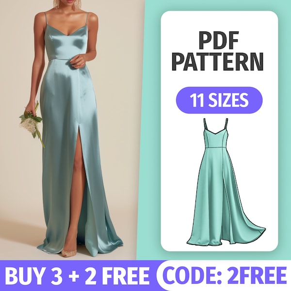 Patron de robe longue fendue • Tutoriel de couture de robe de demoiselle d'honneur formelle • Robe de soirée sans pâtissier • Patrons de couture PDF pour femme • 11 tailles