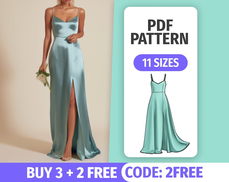 Patrón de vestido maxi con abertura Tutorial de costura de vestido formal de dama de honor Vestido de noche sin horno Patrones de costura en PDF para mujer 11 tallas imagen 1