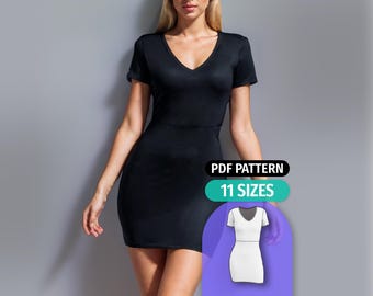 Stretch Mini Dress Sewing Pattern: V-Neck Short Sleeve (PDF Pattern)