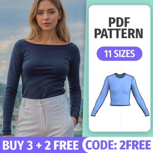 Boat Neck Stretch Top Sewing Pattern | Long Sleeve Knit Women’s Shirt | Easy PDF Pattern | 11 Sizes