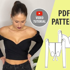 CROP TOP Sewing Pattern PDF, Sewing Top Pattern Digital, Cross Top Off Shoulder , Wrap Top Pattern, Long Sleeve, Instant Download
