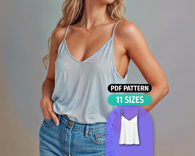 V-Neck Cami Top Sewing Pattern: Beginner Friendly, 11 Sizes (Digital PDF) image 1